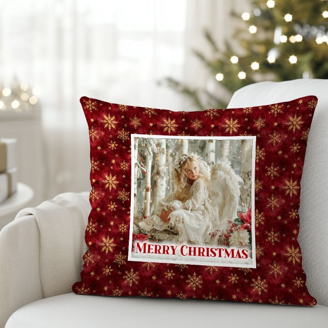 Almofada Angelic Angel Poinsettia Red Gold Festive Christma (Angelic Angel Poinsettia Red Gold Festive Christmas Pillow)