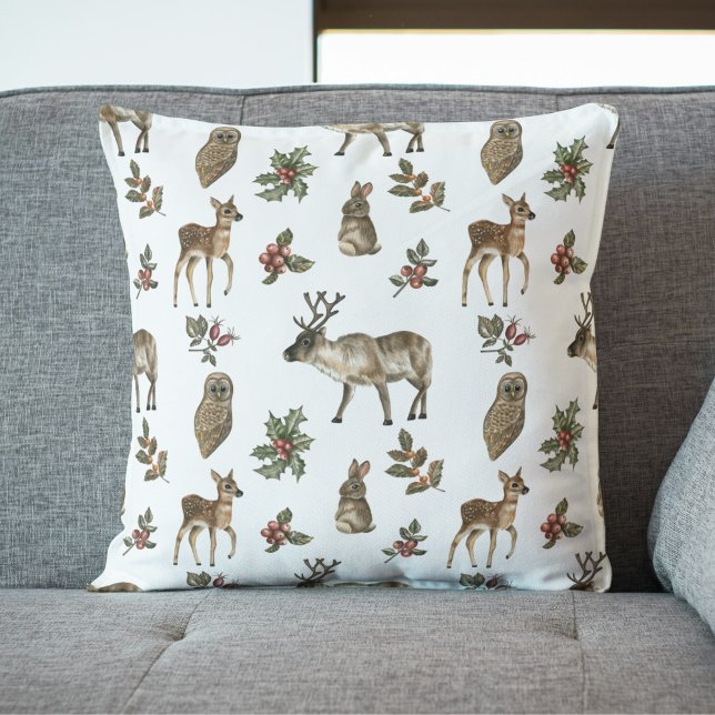 Almofada Animais da Floresta Campestre com Folhagens Padrão (Whimsical Woodland Forest Animals Greenery Pattern Pillow)