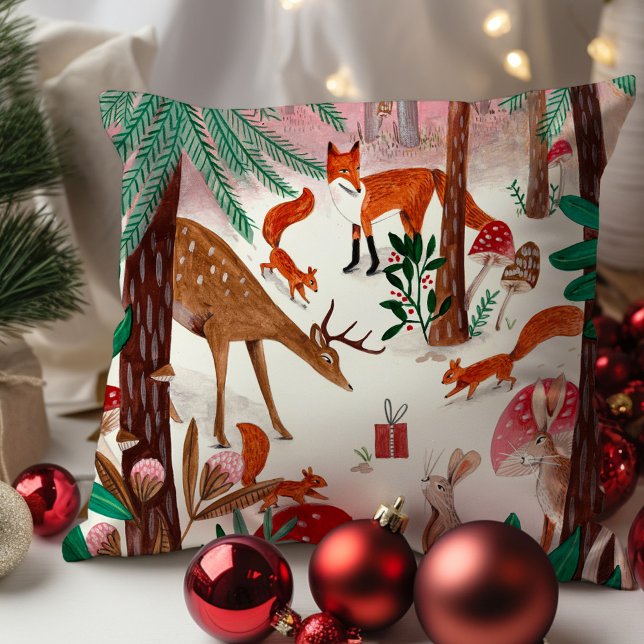 Almofada Animais da Floresta Cura, rosa e verde (Cute Woodland animals pink and green forest Throw Pillow)