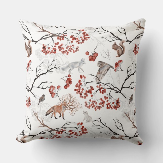 Almofada Animais da Floresta de Inverno Raposa Esquilo Frut (Frente)