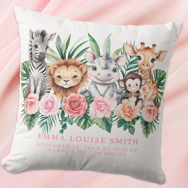 Almofada Animais da Selva Bebê Menina Estatísticas de Nasci (Cute Baby Birth Stat Pillow Keepsake)
