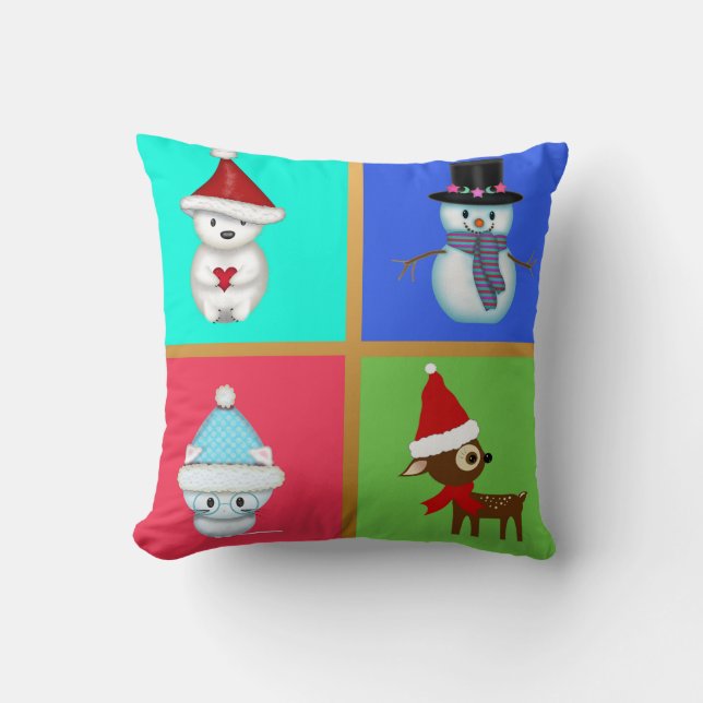 Almofada Animais de Natal Fofos e um Boneco de Neve (Frente)