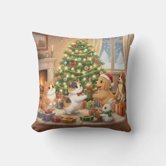 Almofada Animais Fofos Padrão de Natal Trocando Presentes  (Frente)