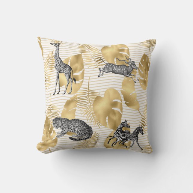 Almofada Animais Selvagens Africanos & Folhas de Ouro Falso (Frente)