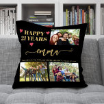 Almofada aniversário de 21 anos 3 foto colage name script m<br><div class="desc">Crie seu próprio travesseiro decorativo elegante de ouro e de manutenção em preto como presente personalizado de aniversário com três fotos personalizadas e um roteiro chic de nome. Observe que as cores de texto e de fundo podem ser alteradas. Você pode substituí-los por qualquer outra cor depois de selecionar a...</div>