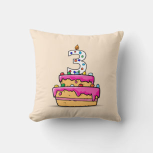 Almofada Aniversário de 3 anos, 3 no Bolo Rosa Doce