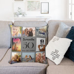 Almofada Aniversário de colagem de fotografias personalizad<br><div class="desc">Um presente único para um aniversário de 50 anos (ou qualquer idade),  celebrando sua vida com uma colagem de 8 fotos,  fotos. Personalize e adicione seu nome,  idade e data. Cor cinza de fundo. O nome é escrito com um moderno estilo escrito à mão.</div>