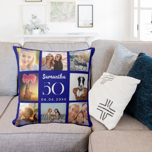 Almofada Aniversário de colagem de fotos personalizada azul