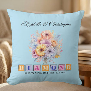 Almofada aniversário de diamante de 60 anos floral azul