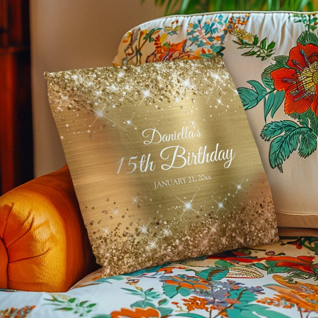Almofada Aniversário do 15 de Folha de Ouro Glitérica (Glittery Gold Foil 15th Birthday Throw Pillow)