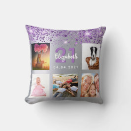 Almofada Aniversário do nome da colagem de fotos com brilho