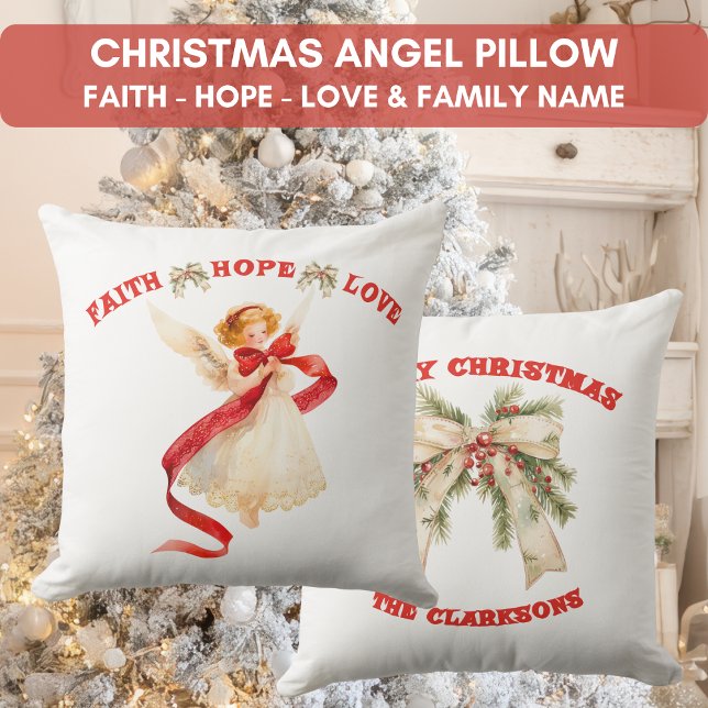 Almofada Anjo de Natal com Sobrenome (Christmas Angel with Family Name Throw Pillow)