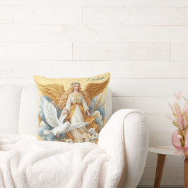 Almofada Anjo Guardião Dourado Com Pássaro Branco