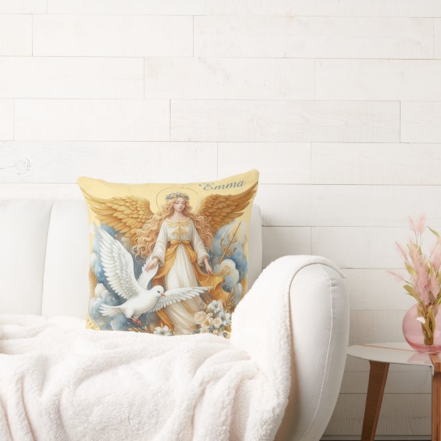 Almofada Anjo Guardião Dourado Com Pássaro Branco (Sofá)