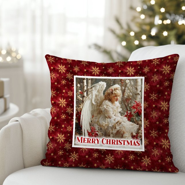 Almofada Anjo Rústico Vitoriano Vermelho Dourado Feriado Na (Rustic Victorian Angel Red Gold Holiday Christmas Pillow

)
