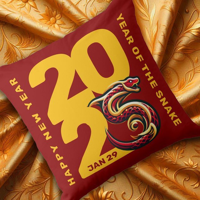 Almofada Ano Dourado Vermelho do Cobra de 2025 (CNY 2025 Throw Pillow Golden Fabric Cover Photo)