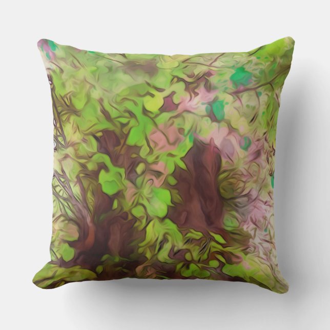 Almofada Antiga Árvore Espessa Ramifica Verde e Mágica Roxa (Frente)