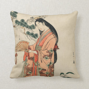 Almofada Antiga Madeira japonesa desenhando com mulher