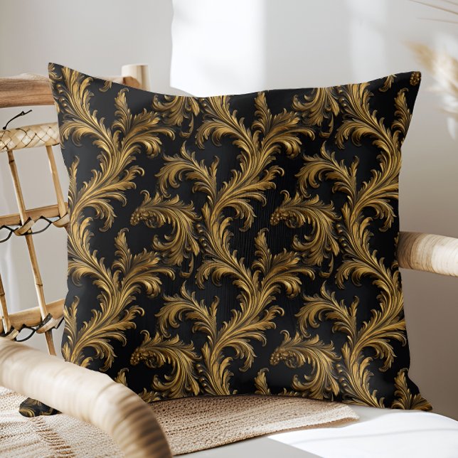 Almofada Antiguidade Rococó Dourado Barroco Negro (Antique Rococo Black Gold Baroque Throw Pillow)