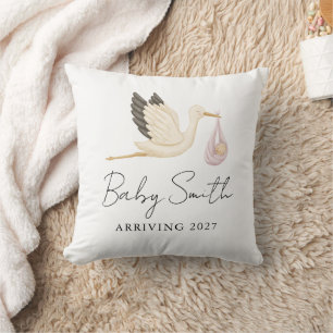 Almofada Anúncio de Ano de Bebê Menina com Stork em Aquarel