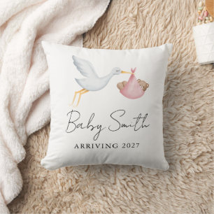 Almofada Anúncio de Ano de Bebê Menina com Stork em Aquarel
