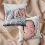 Almofada Anúncio de Estatísticas de Nascimento do Bebê com<br><div class="desc">Travesseiro moderno e elegante de foto de ouro, anúncio de nascimento de bebê para apresentar seu lindo bebê recém-nascido. A frente mostra uma foto do seu bebê junto com ouro chico e texto preto para o nome do seu bebê e estatísticas de natalidade com uma segunda foto no verso. Uma...</div>