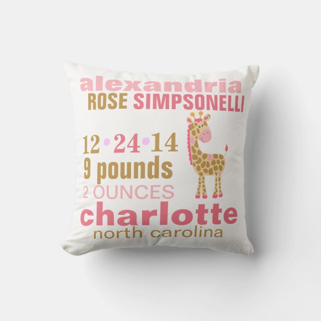 Almofada Anúncio de Nascimento da Girafa Rosa Jungle (Frente)