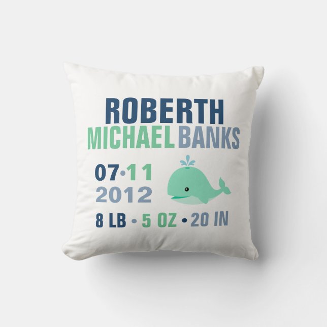 Almofada Anúncio de Nascimento do Bebê de Baleia Whimsical  (Frente)
