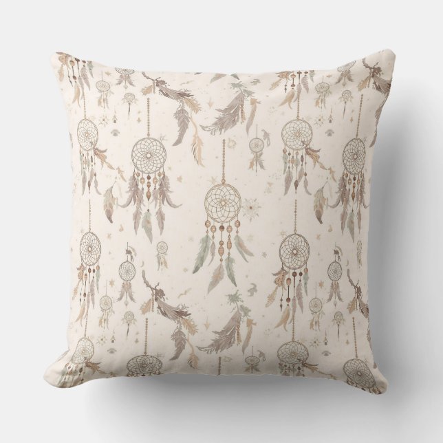 Almofada Apoiante Caçador de Sonhos Boho Plumas Lua Estrela (Frente)