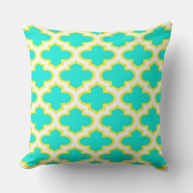 Almofada Aqua Brilhante, Amarelo, Quatrefoil Branco Padrão  (Frente)