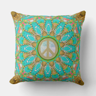 Almofada Aqua Dourada Groovy Glam Peace Mandala