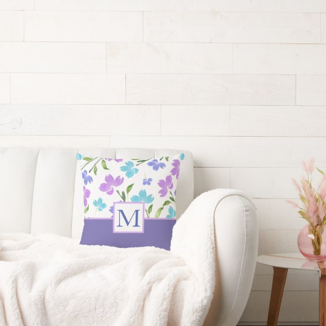 Almofada Aqua Periwinkle Purple Watercolor Stems (Sofá)