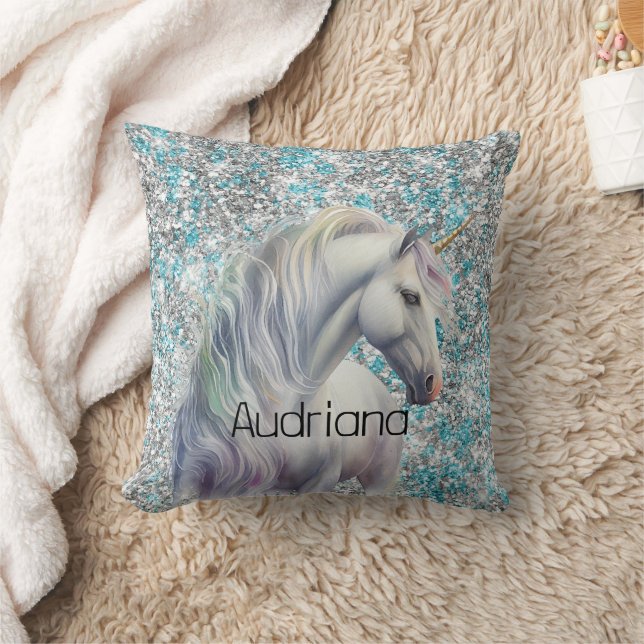 Almofada Aqua Silver Unicorn Glitter Sparkle (Cobertor)