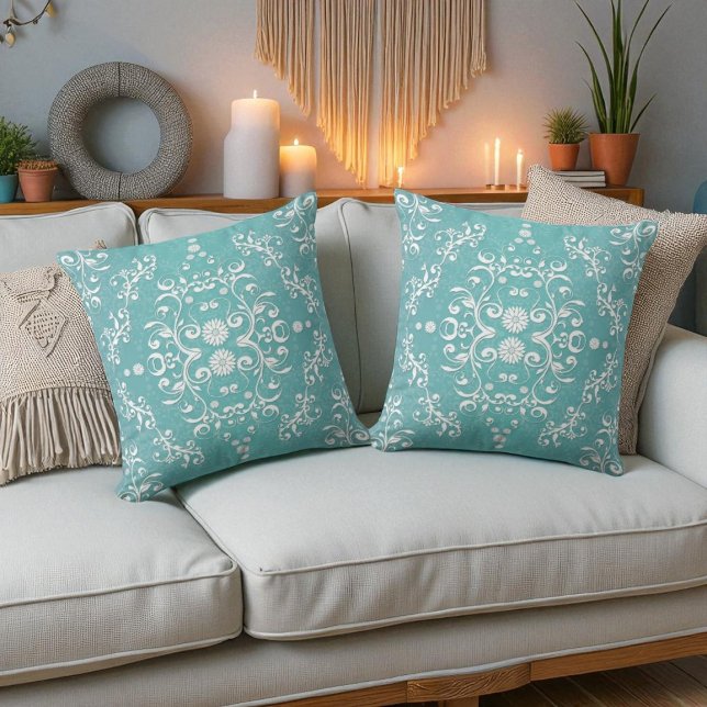 Almofada Aqua Teal e Floral Damask Branco (Criador carregado)