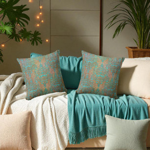 Almofada Aqua Teal sobre Brown Vintage Damask Design
