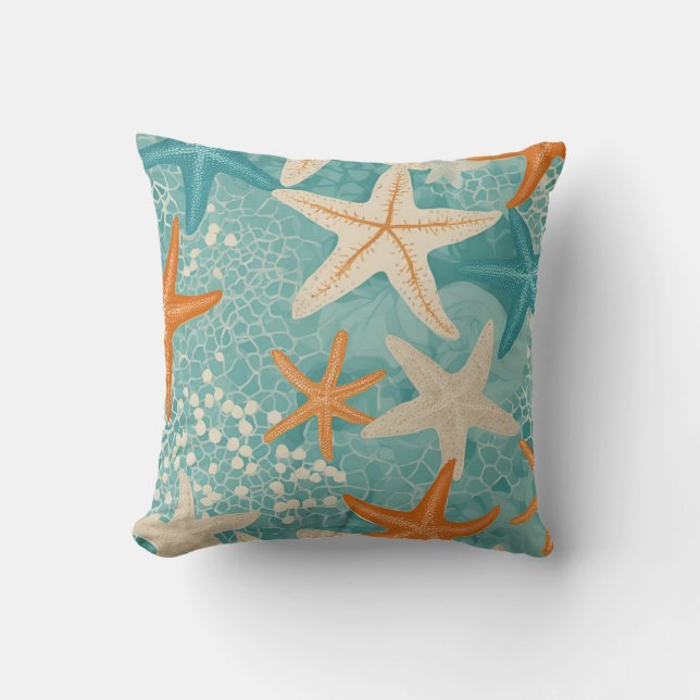 Almofada Aqua Teal Starfish Beach Seashell Pattern (Frente)