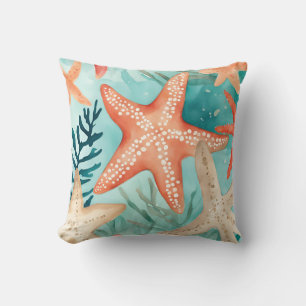 Almofada Aqua Teal Starfish Beachy Seashell Patterno