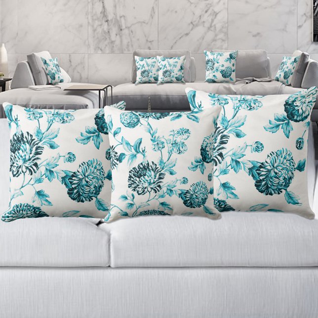 Almofada Aqua Teal Turquoise Botânica Toile Floral No.2 (Criador carregado)