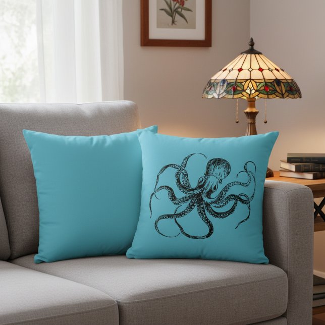 Almofada Aquamarine Blue Octopus Throw Pillow (Octopus throw pillow. Add a splash of color and nautical feel to your home.)