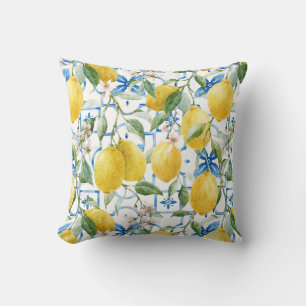 Almofada Aquarela Amarelo Lemon Azul Azulejos Sicilianas