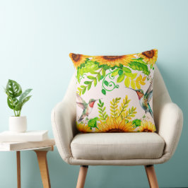 Almofada Aquarela Aves Hummingbird Girassóis Flores Rumores