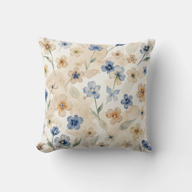 Almofada Aquarela Azul e Amarelo Floral (Frente)