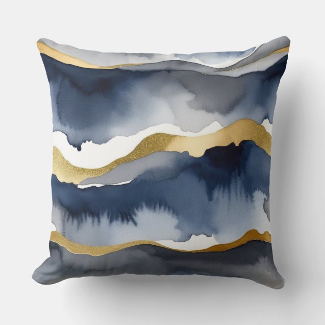 Almofada aquarela azul e branca com ênfase em ouro (Frente)