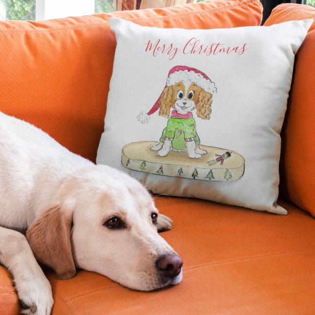 Almofada Aquarela Cavalier King Charles Spaniel de Natal   (Criador carregado)