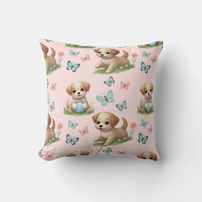 Almofada Aquarela de Cachorrinhos Rosa e Borboletas (Frente)