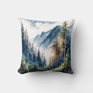 Almofada Aquarela de Paisagem de Florestas Montanhosas