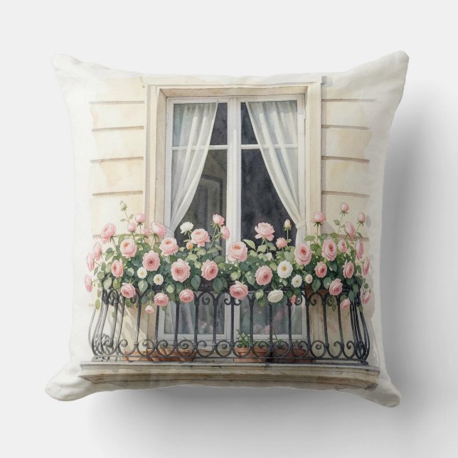 Almofada Aquarela de Rosas na Varanda de Paris (Frente)