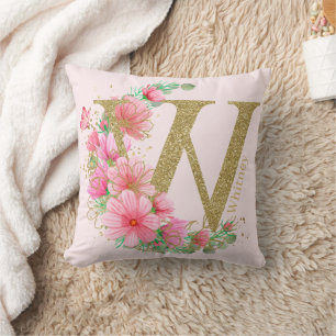 Almofada Aquarela Dourada e Monograma Floral Letra W