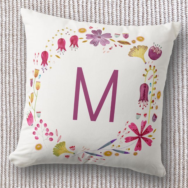 Almofada Aquarela Floral Monograma (Monogram initial personalized watercolor wildflower throw pillow)