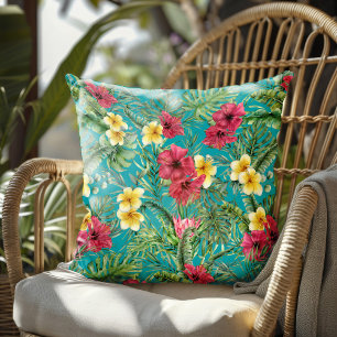 Almofada Aquarela Floral Tropical Folhas de Palmeira Azul
